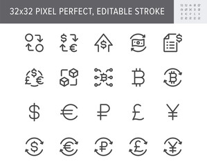 Finance currency exchange simple line icons. Vector illustration with minimal icon - euro, dollar, transfer, invoice, pound, sterling, cryptocurrency pictogram. 32x32 Pixel Perfect Editable Stroke