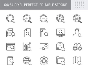 Search simple line icons. Vector illustration with minimal icon - lupe, analysis, spyglass lens, loupe, gear, hr, globe, folder, magnifier, binoculars pictogram. 64x64 Pixel Perfect Editable Stroke - obrazy, fototapety, plakaty