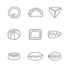 Set of different dumplings icon. Isolated on white background. Vector stock illustration. Hand drawn doodle elements: dumplings, pelmeni, ravioli, vareniki, manti, khinkali, dim sum. Simple style.