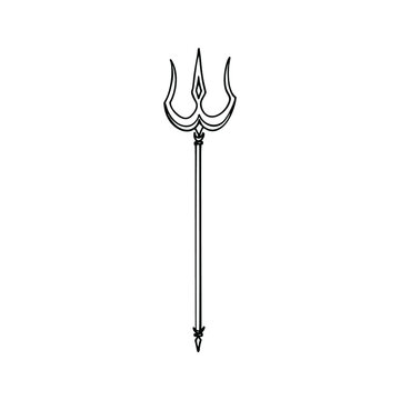 Trishula. Single element. Weapon of Lord Shiva. Spiritual symbol in Indian religion. Hand-drawn. Doodle, sketch, icon. Vector illustration for design, prints. On white background.
