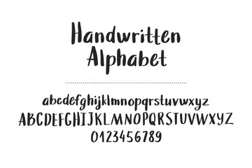 hand drawn alphabet, letters and numbers on white background, illustration