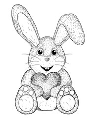 Vector illustration cartoon bunny with heart in hands drawn in strokes.