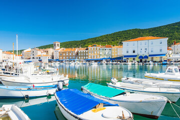Boats in marina in the town of Cres, on the island of Cres, Kvarner, Adriatic sea, Croatia