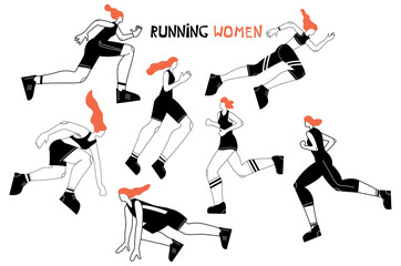 Fototapeta premium Illustration with running women. Persons doing sport. Cartoon characters