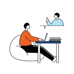 リモートワークをする男性　カラー　手描きイラスト