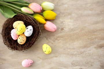 Colorful easter quail eggs in nest and tulips on beige stone background with . Flat lay. Spring composition. Happy easter greeting card. Copy space