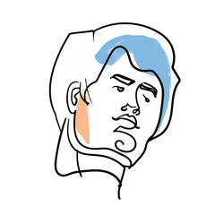 One line man face portrait. Contemporary drawing in modern cubism style