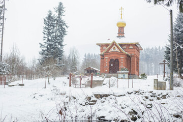 orthodox church in Sokolowsko, Poland in winter.
