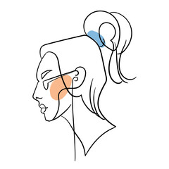 One line girl face portrait. Woman head. Contemporary drawing in modern cubism style