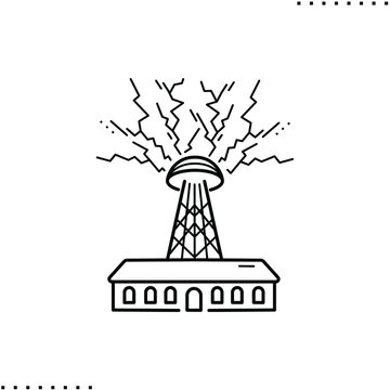Wardenclyffe Tower, clean energy production, lightning power vector icon in outlines