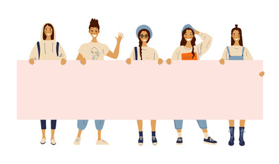 Modern standing female students hold placard with copy space. Concept illustration of feminism, March 8, girl power. Flat vector characters isolated on white background