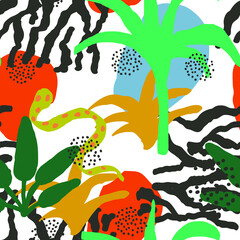 Naklejka premium Green and Orange Leaves and Doodles Trendy Vector Seamless Pattern. Motley Children Palm and Snake Fabric Pattern. Summer Background.