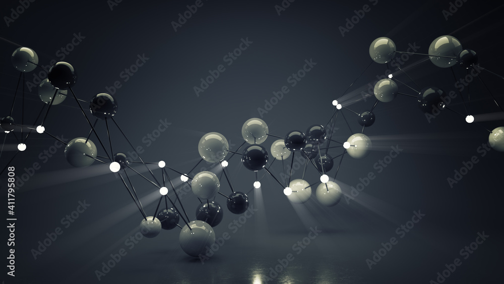 Poster twisted wireframe mesh of shiny spheres 3d render