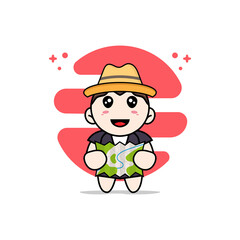 Cute business woman character holding map.