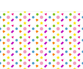 Patrón de figuras geométricas, círculos, rectángulos trapecios, estrellas, hexágonos  y triángulos en amarillo, verde, rosa, violeta, morado, azul y naranja sobre fondo blanco