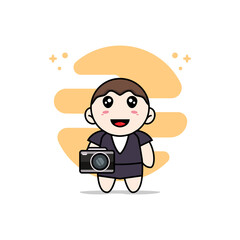 Cute business woman character holding a camera.
