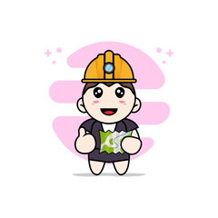 Cute business woman character wearing construction worker costumes.