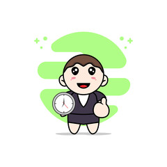 Cute business woman character holding a wall clock.