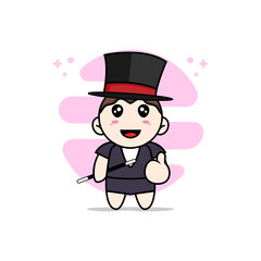 Cute business woman character wearing magician costume.