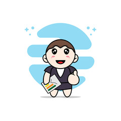 Cute business woman character holding a presentation results.