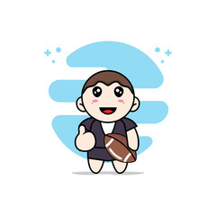 Cute business woman character holding a rugby ball.