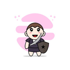 Cute business woman character wearing fighter costume.