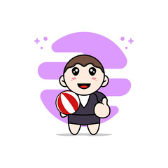 Cute business woman character holding a ball.