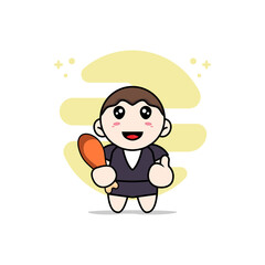 Cute business woman character holding a chicken meat.