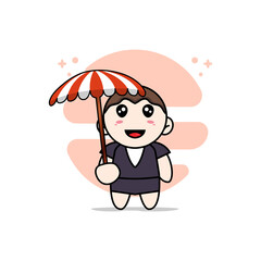 Cute business woman character holding a umbrella.