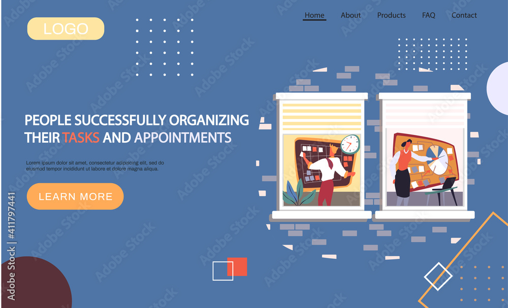 Poster people organizing their tasks and appointments landing page template, businessman stands at blackboa