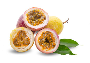 whole passion fruits and a half with leaves isolated on white background.