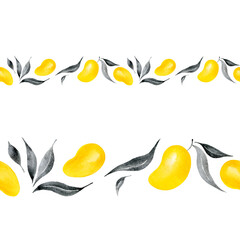Simple horizontal borders. Hand drawn watercolor yellow mango fruits with gray leaves on a white background. Seamless ornament for scrapbook, tape print, ribbon design. Tropical minimalism