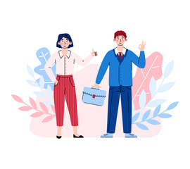 Two business people woman and man standing and showing positive gestures, cartoon vector illustration isolated on white background. Successful business partners.
