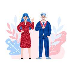 Two business people express assent or agreement and showing positive OK gestures at decorative backdrop, cartoon vector illustration isolated on white background.