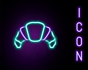 Glowing neon line Croissant icon isolated on black background. Colorful outline concept. Vector.