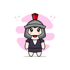 Cute business woman character wearing gladiator costume.