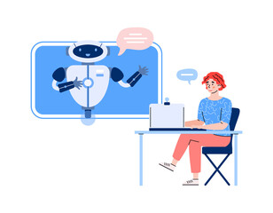 Woman communicating with chatbot robot via computer, cartoon vector illustration isolated on white background. Chatbot of client service or technical support.