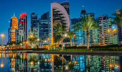 12 February 2019- Colorful Skyline of Doha Qatar City during nig