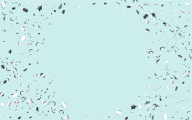 Silver Star Flying Vector Blue Background. Celebrate Serpentine Branch. Confetti Paper Illustration. Silver Falling Invitation.