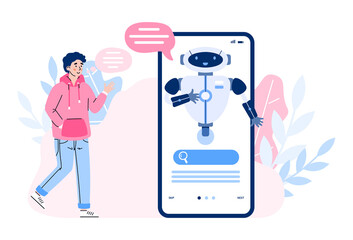 Smart chatbot for service and support customers. Young man communicate in chat of mobile phone with virtual assistant, artificial intelligence. Vector illustration isolated on white