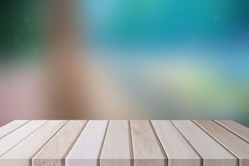 Product display template. Empty wood table shelf and blurred garden nature background. Business presentation concept.