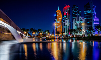 12 February 2019- Colorful Skyline of Doha Qatar City during night.