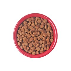 Rec bowl with dry food for pets isolated on whitte background. 