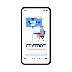 Onboarding screen design for chatbot for customer service or technical support. Mobile app interface template for chatbot, cartoon vector illustration.