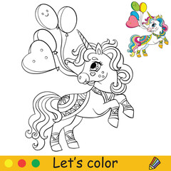Cute party unicorn with balloons. Coloring book page with colorful template. Vector cartoon illustration isolated on white background. For coloring book, preschool education, print, design, decor,game