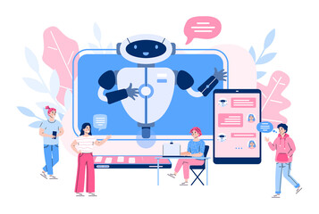 Chatbot banner concept with people communicating with helping bot. Artificial intelligence technology with people chatting with help service, flat vector illustration.