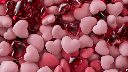Multicolored Heart background. Valentine Wallpaper with Pink, Red Glass and Red Metallic love hearts. 3D Render 