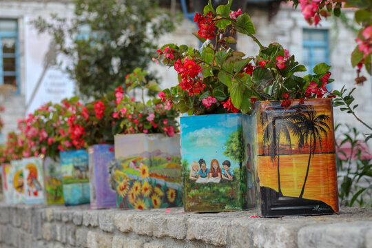 Cans of flowers in Afytos