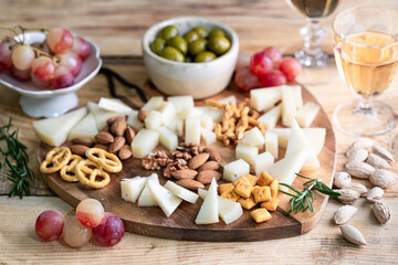 Fototapeta na wymiar Assorted cheeses on a wooden cutting board in the shape of a heart. Cheese, grapes, walnuts, olives, rosemary and a glass of white wine.
