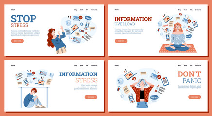 Web banners set on topic of information stress and overload, cartoon vector illustration on white background. Web pages with people upset with information flow.